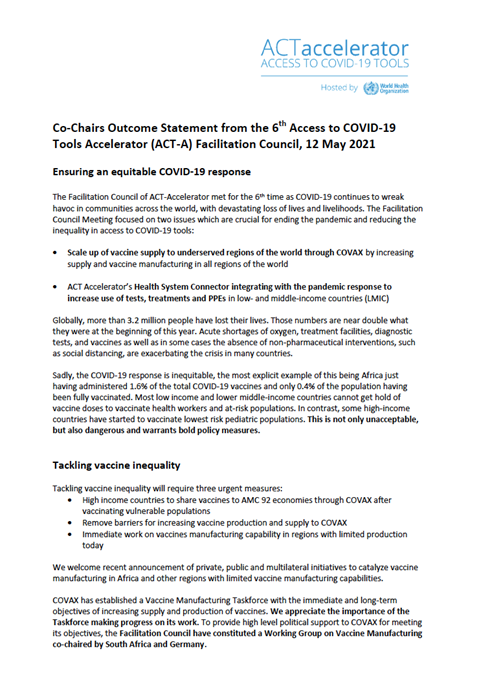 Co-Chairs Outcome Statement from the 6th ACT Accelerator Facilitation Council