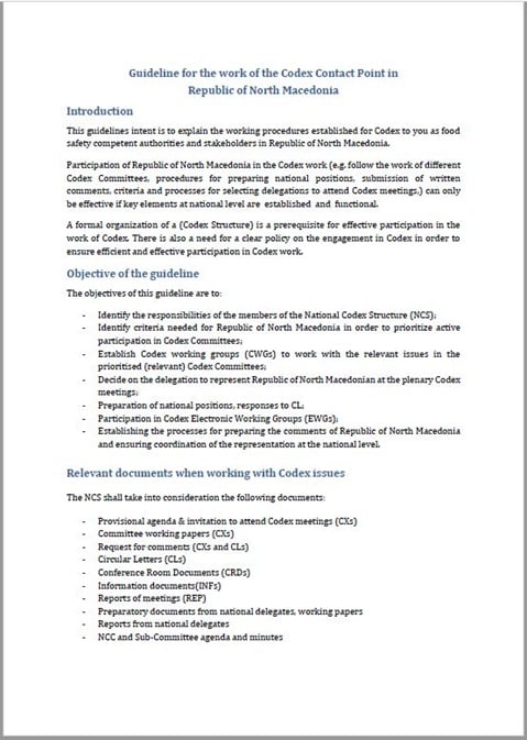 North Macedonia guideline for the work of the Codex contact point