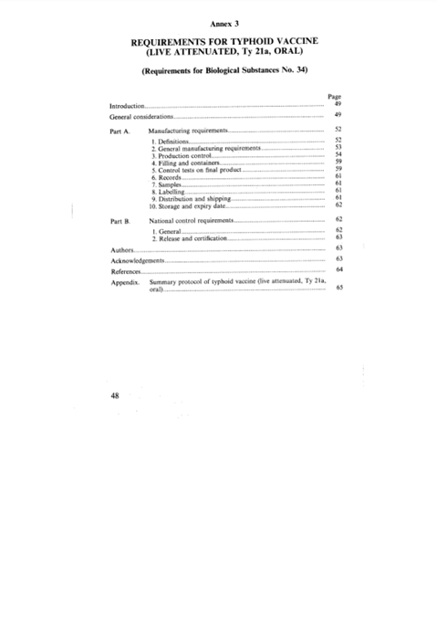 Requirements for typhoid vaccine (live attenuated, Ty 21a, oral), Annex 3, TRS No 700