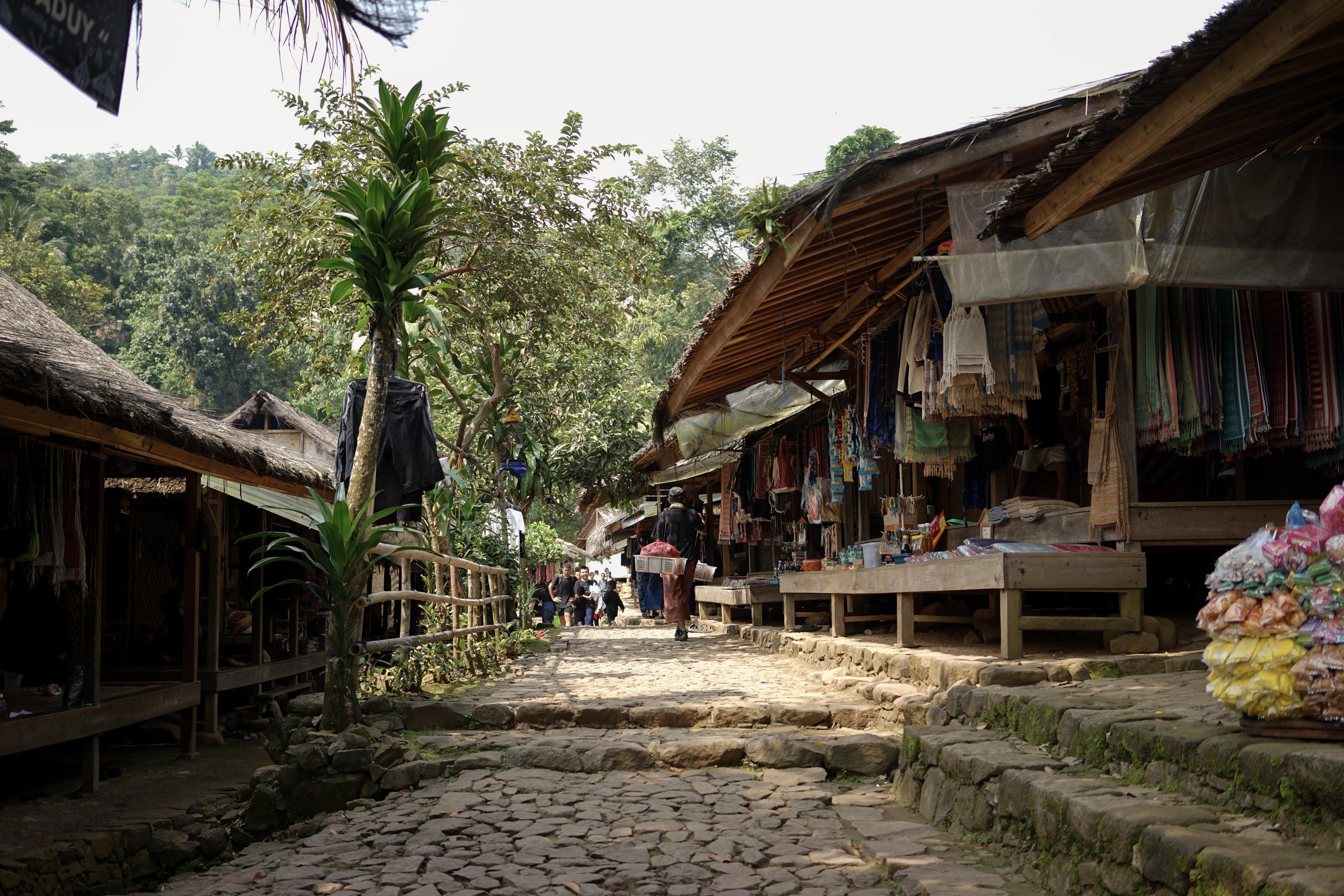A cobblestone village street lined with traditional thatched-roof wooden houses. Small shops line the pathway, surrounded by lush green trees, with a few people walking in the distance.